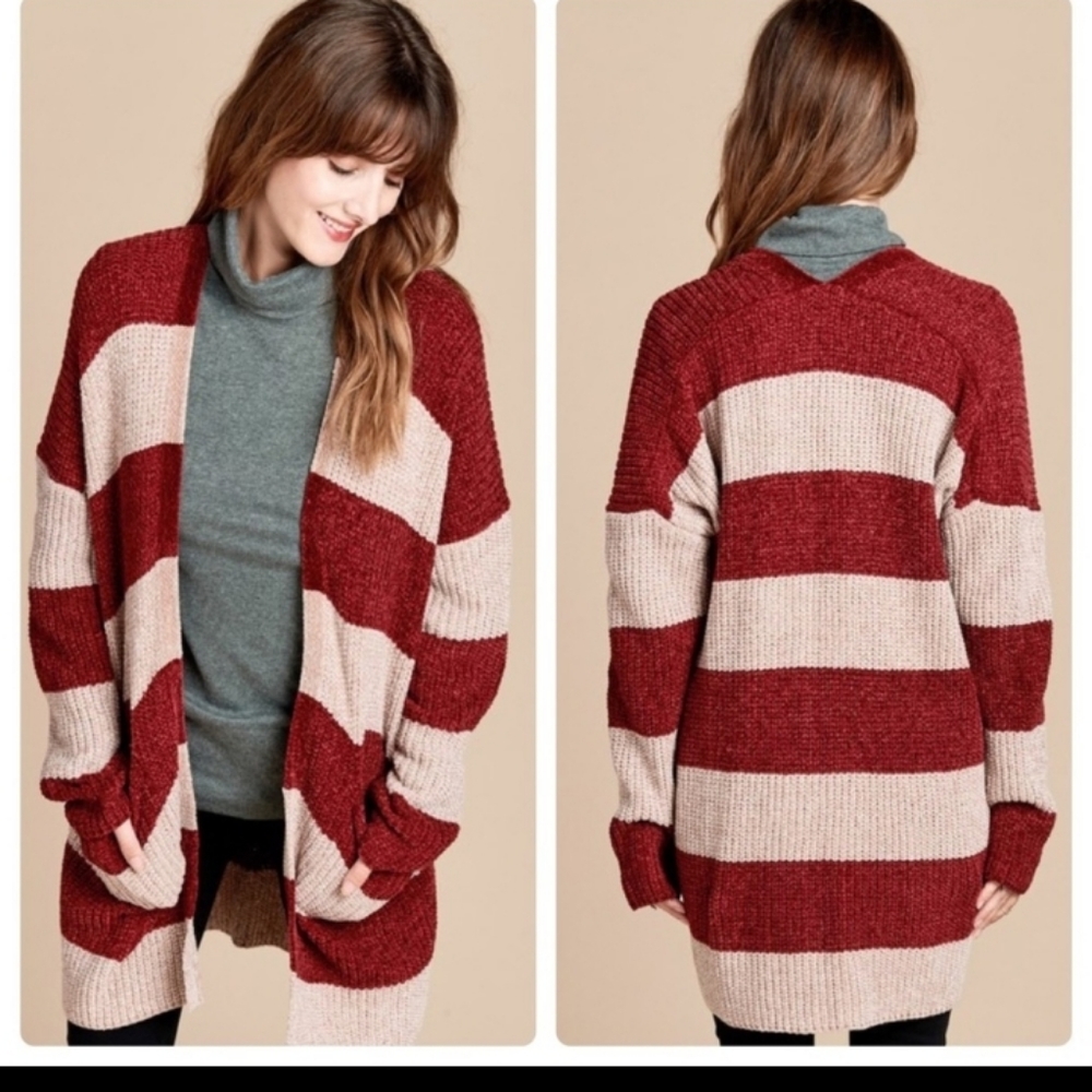 HP ODDY Taupe/Burgundy Stripe Cardigan Sweater - Picture 3 of 11